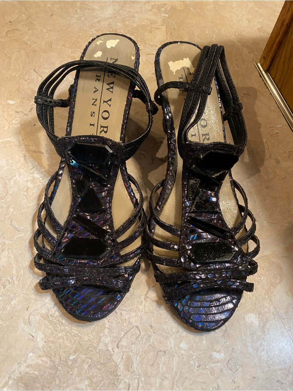 New York Transit Black Iridescent Strappy Heels